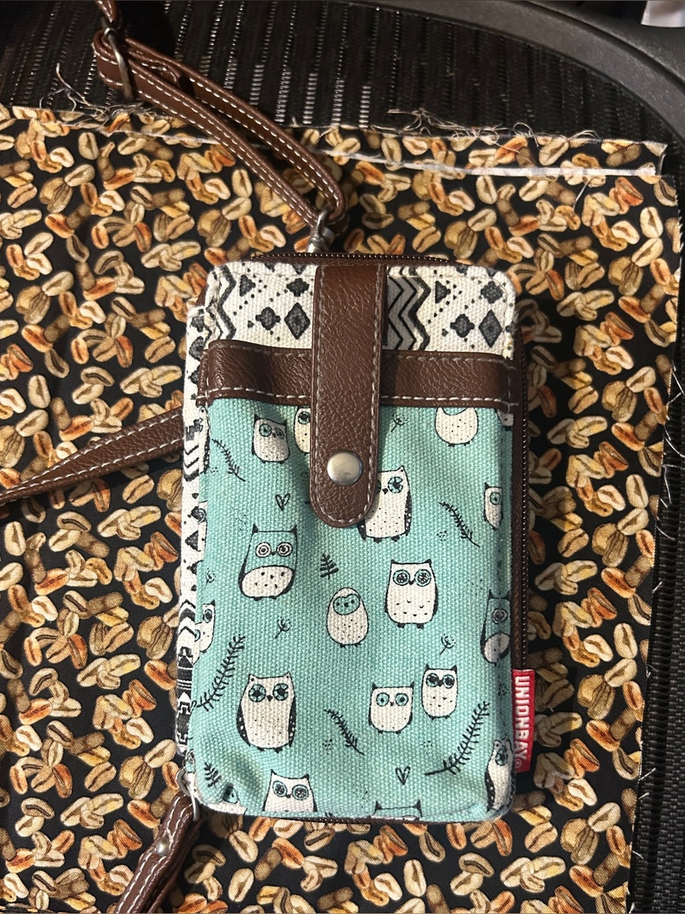 UnionBay Teal Owl Print Crossbody Phone Pouch with Brown Trim